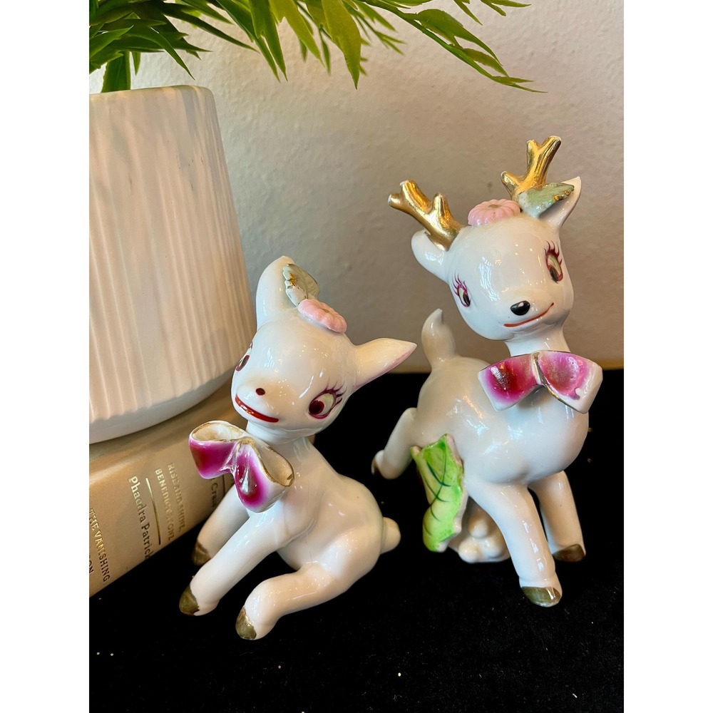 Vintage Wales Japan Reindeer Deer Figurines Pair 1950s Pink Bow Gold Antlers